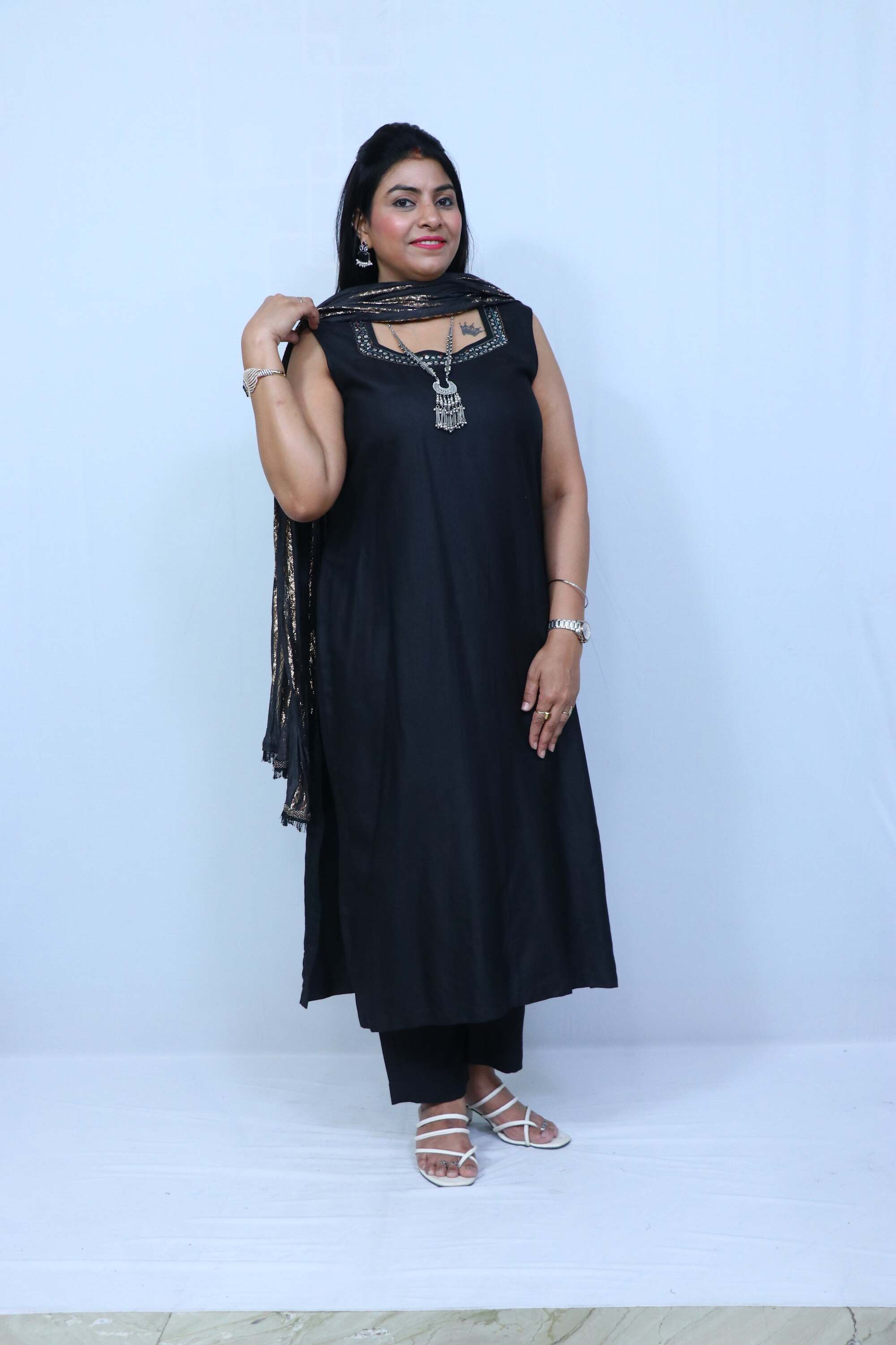 Sleeve Less Black Suit with Dupatta