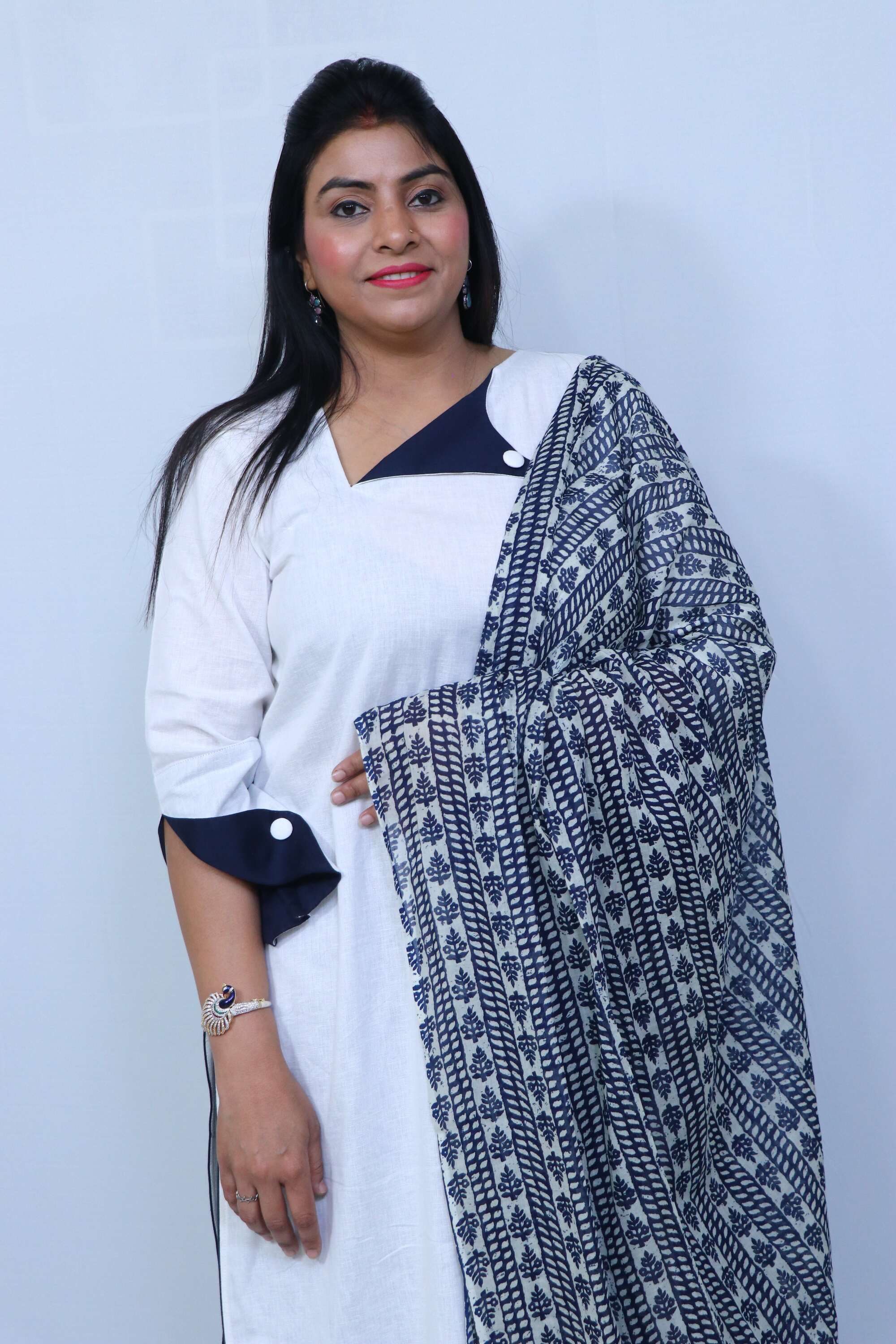 White Suit With Neavy Blue Dupatta