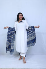 White Suit With Neavy Blue Dupatta