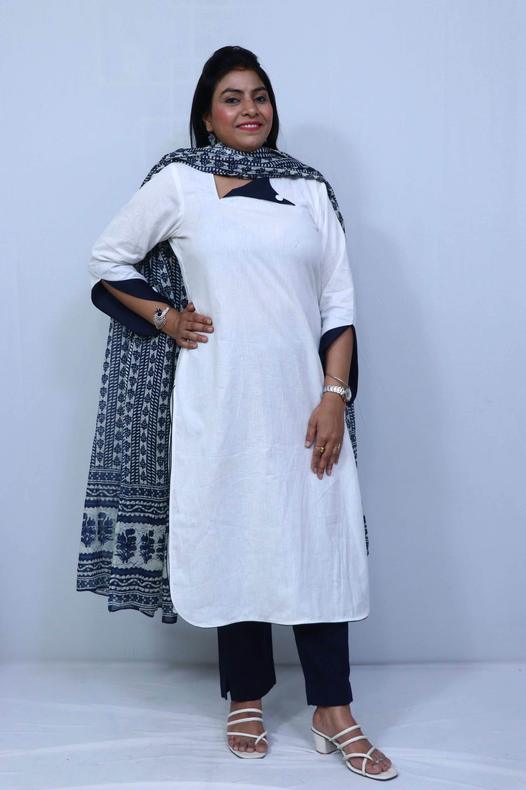 White Suit With Neavy Blue Dupatta